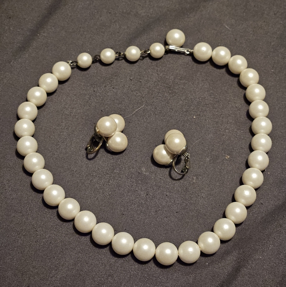 Vintage Faux Pearl Necklace and Clip-on Earrings Set
